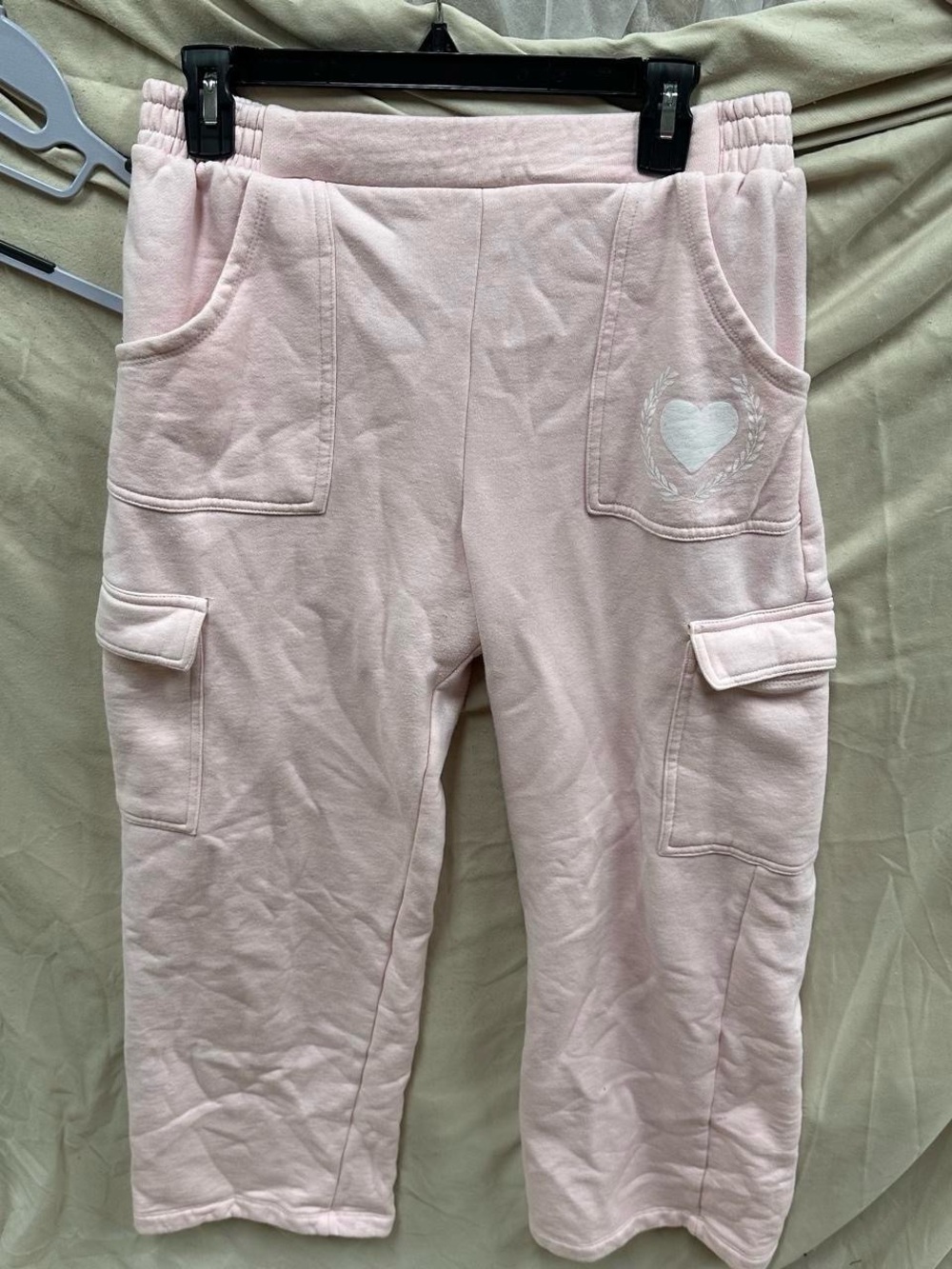Soft warm baby pink white heart cargo sweat pants with elastic band